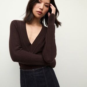 Veronica Beard Coleta V-Neck Cashmere Brown Sweater Dark Chocolate